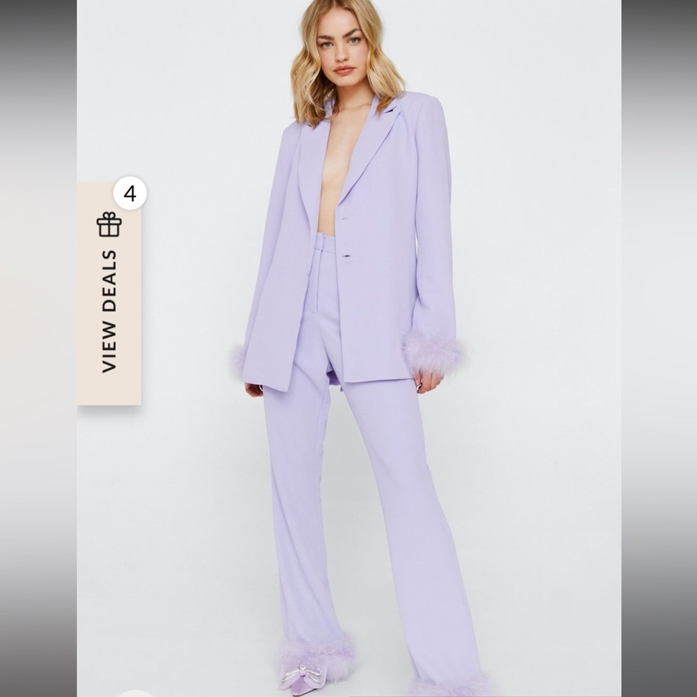 Nasty Gal- Belted Blazer With Feather Cuffs + 
Feather Hem Flared Co Ord Pants